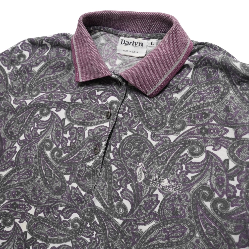Vintage Darlyn Polo‎ Shirt Womens Large Purple Paisley Maui Hawaii USA